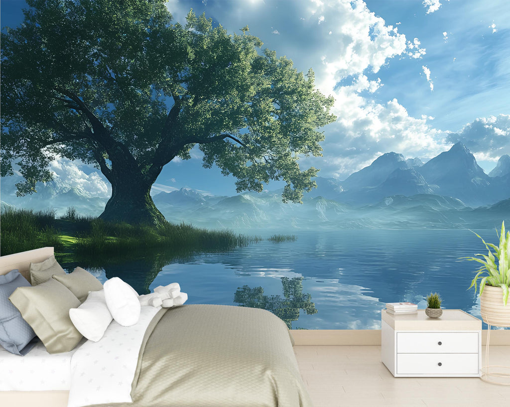 3D Serene Lake and Mountain Bedroom Mural - Modern Nature Wall Art - Stylish & Relaxing Home Decor - Unique Gift for Birthdays