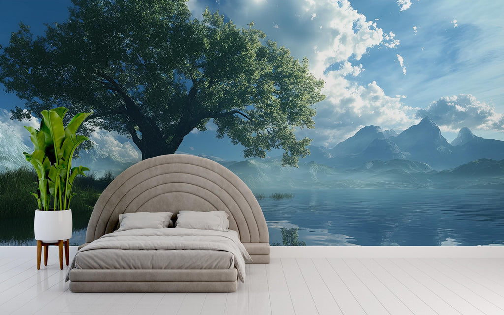 3D Serene Lake and Mountain Bedroom Mural - Modern Nature Wall Art - Stylish & Relaxing Home Decor - Unique Gift for Birthdays