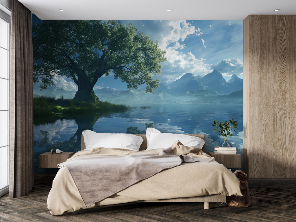 3D Serene Lake and Mountain Bedroom Mural - Modern Nature Wall Art - Stylish & Relaxing Home Decor - Unique Gift for Birthdays