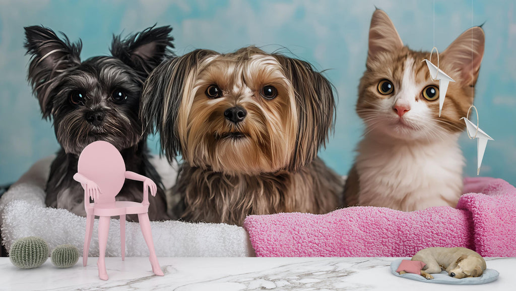 Dog And Cat Grooming Spa Wallpaper With Pets Wrapped In Towels | Cute Animal Wall Mural For Pet Salon Or Vet Office | Dog Groomer Gift