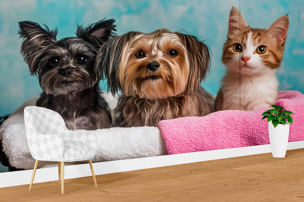 Dog And Cat Grooming Spa Wallpaper With Pets Wrapped In Towels | Cute Animal Wall Mural For Pet Salon Or Vet Office | Dog Groomer Gift