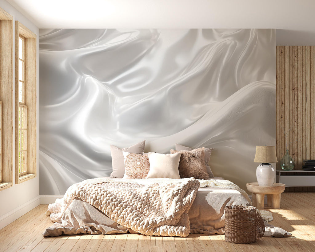 3D Silky Silver Wave Bedroom Mural - Modern Luxury Wall Art - Elegant Statement Decor - Stylish Gift for Birthdays or Holidays