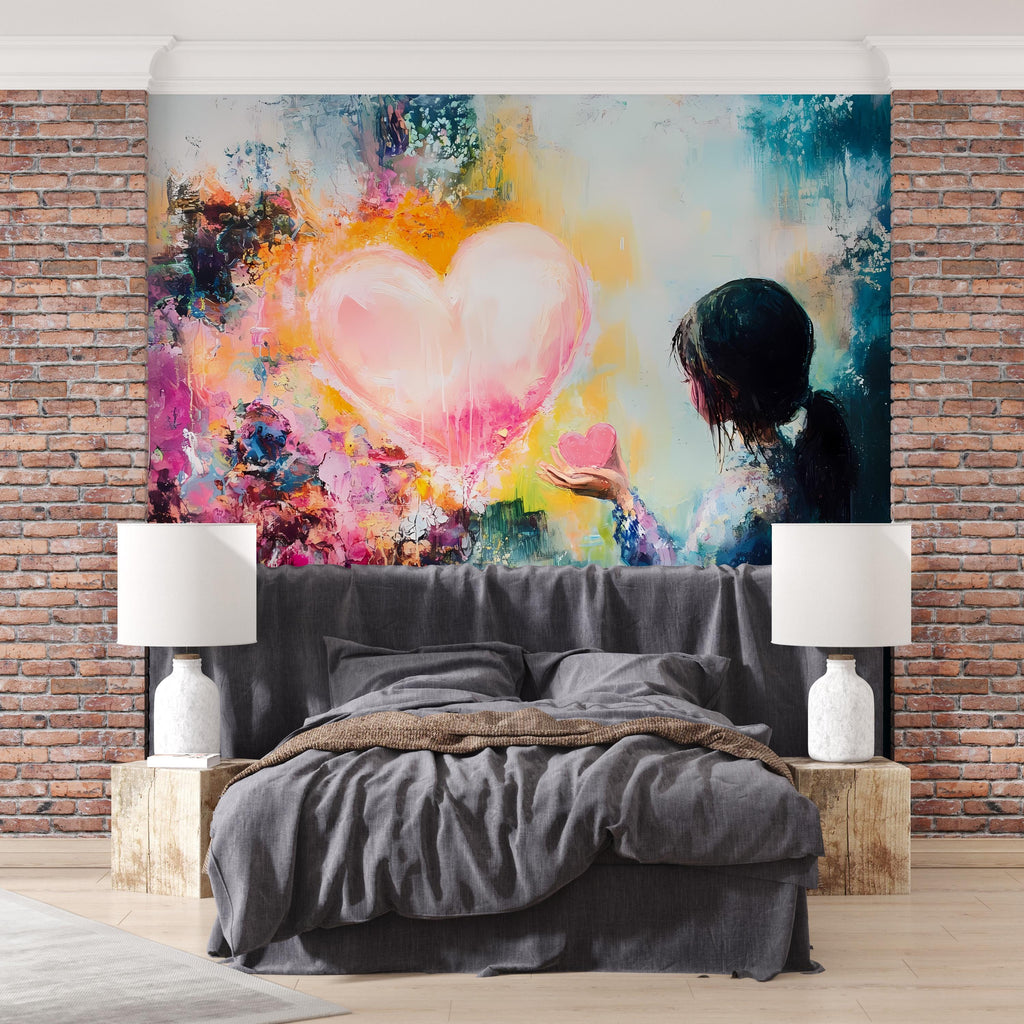 Romantic Girl Heart Wall Art – Abstract Colorful Bedroom Painting Vn015