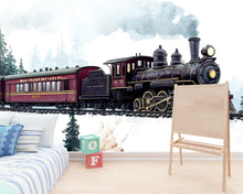 Load image into Gallery viewer, Vintage Steam Train Wall Mural for Kids Room - Railroad Themed Boys Bedroom Decor - Peel and Stick Train Wallpaper Nursery Art Vn017