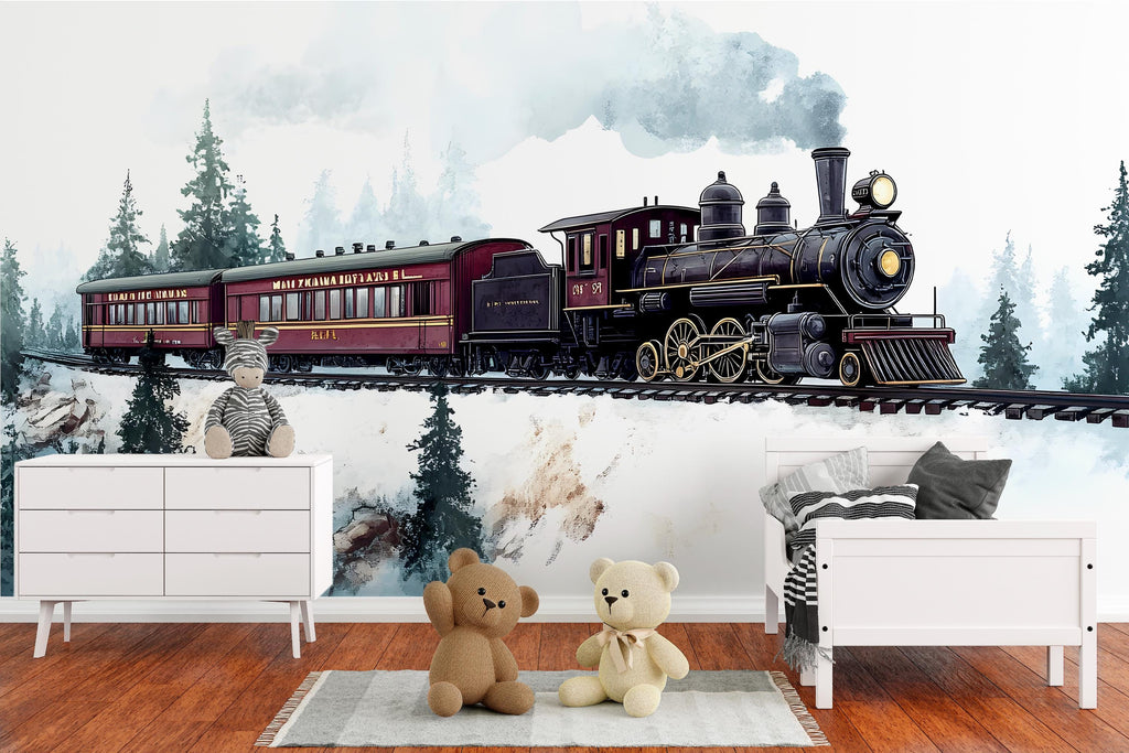Vintage Steam Train Wall Mural for Kids Room - Railroad Themed Boys Bedroom Decor - Peel and Stick Train Wallpaper Nursery Art Vn017