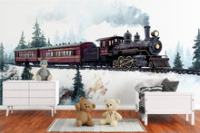 Load image into Gallery viewer, Vintage Steam Train Wall Mural for Kids Room - Railroad Themed Boys Bedroom Decor - Peel and Stick Train Wallpaper Nursery Art Vn017