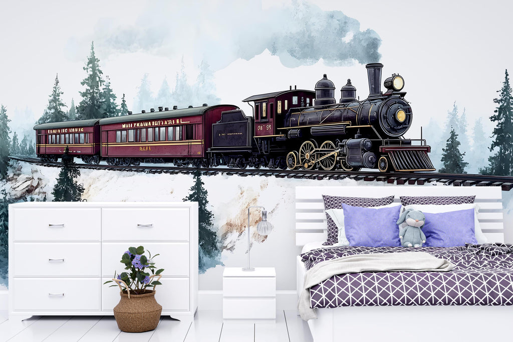 Vintage Steam Train Wall Mural for Kids Room - Railroad Themed Boys Bedroom Decor - Peel and Stick Train Wallpaper Nursery Art Vn017