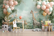 Load image into Gallery viewer, Safari Jungle Nursery Wall Art – Giraffe, Tiger, Balloons &amp; Pastel Animals Mural for Baby Room, Kids Safari Theme Decor Vn044