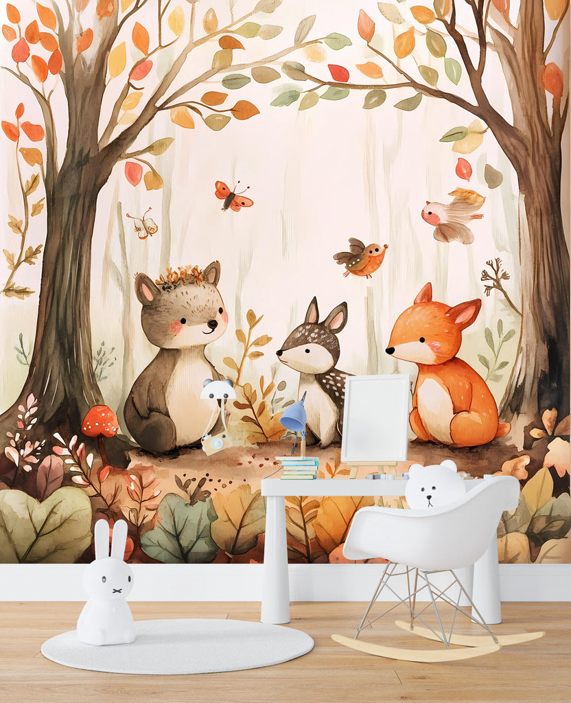 Woodland Animal Nursery Wall Mural - Forest Friends Wallpaper for Kids Room - Cute Bear Deer Fox Wall Art - Nature Baby Room Decor Vn060
