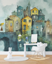 Load image into Gallery viewer, Whimsical Village Nursery Wall Art | Watercolor Houses Mural with Planet Mobile | Dreamy Baby Room Decor Vn086