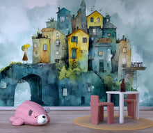 Load image into Gallery viewer, Whimsical Village Nursery Wall Art | Watercolor Houses Mural with Planet Mobile | Dreamy Baby Room Decor Vn086