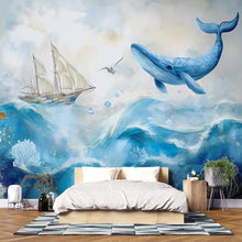 Load image into Gallery viewer, Ocean Whale Wall Mural – Nautical Sea Life Wallpaper, Blue Whale and Sailboat Wall Art, Underwater Marine Theme Accent Wall Décor Vn090