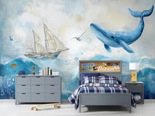 Load image into Gallery viewer, Ocean Whale Wall Mural – Nautical Sea Life Wallpaper, Blue Whale and Sailboat Wall Art, Underwater Marine Theme Accent Wall Décor Vn090