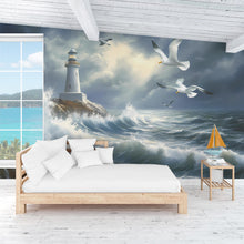 Load image into Gallery viewer, Lighthouse Ocean Wave Wall Mural – Stormy Sea Seagull Art Wallpaper, Coastal Nautical Decor Vn091