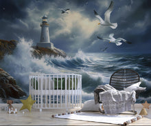 Load image into Gallery viewer, Lighthouse Ocean Wave Wall Mural – Stormy Sea Seagull Art Wallpaper, Coastal Nautical Decor Vn091