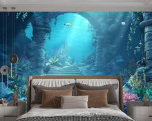 Load image into Gallery viewer, Underwater Ruins Wall Mural – 3D Ocean Bedroom Wallpaper – Deep Sea Fantasy Decor – Aquatic Archway Backdrop Vn094