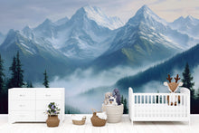 Load image into Gallery viewer, Mountain Nursery Wall Art Mural – Misty Forest Crib Backdrop – Gender Neutral Baby Room Decor – Scenic Wallpaper for Kids Room Vn096