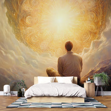 Load image into Gallery viewer, Spiritual Wall Mural for Bedroom – Enlightenment Inspired Art with Man Facing Radiant Light – Dreamy Golden Meditation Decor Vn098