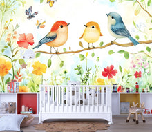 Load image into Gallery viewer, Whimsical Birds Nursery Wall Art - Floral Baby Room Decor - Watercolor Animal Mural for Kids Room - Nature-Inspired Crib Backdrop Vn099