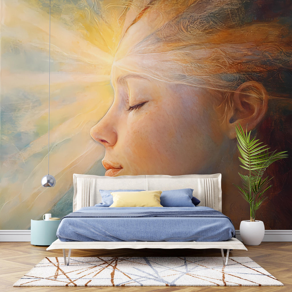 Large Dreamy Wall Mural of Woman’s Face with Radiant Light – Serene Feminine Art for Bedroom, Meditation Room, or Spa Decor Vn101
