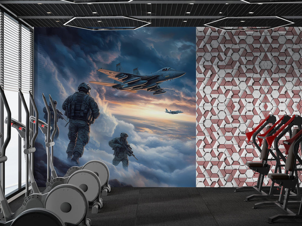 Military Gym Wall Art | Fighter Jet & Soldier Mural | Tactical Motivation Poster | Home Gym Decor | Warplane Canvas Print Vn103
