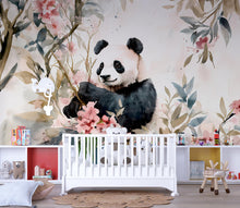 Load image into Gallery viewer, Panda Wall Mural for Nursery – Floral Jungle Panda Wallpaper – Baby Girl Room Decor – Removable Animal Mural Vn108