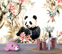 Load image into Gallery viewer, Panda Wall Mural for Nursery – Floral Jungle Panda Wallpaper – Baby Girl Room Decor – Removable Animal Mural Vn108