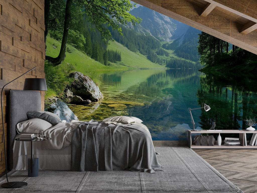 3D Nature Mountain Lake Wallpaper Mural For Bedroom Or Living Room | Scenic Forest And Water Wall Art | Stylish Landscape Decor Gift