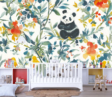 Load image into Gallery viewer, Panda Wall Mural Watercolor Nursery | Jungle Animal Wallpaper | Kids Room Botanical Panda Decor | Removable Peel Stick Wallpaper Vn109
