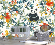 Load image into Gallery viewer, Panda Wall Mural Watercolor Nursery | Jungle Animal Wallpaper | Kids Room Botanical Panda Decor | Removable Peel Stick Wallpaper Vn109