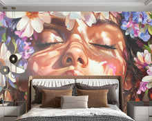 Load image into Gallery viewer, Floral Woman Wall Mural, Large Face Art Bedroom Decor, Boho Flower Headboard Wallpaper, Feminine Nature Mural, Oversized Art Print Vn137