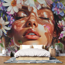 Load image into Gallery viewer, Floral Woman Wall Mural, Large Face Art Bedroom Decor, Boho Flower Headboard Wallpaper, Feminine Nature Mural, Oversized Art Print Vn137