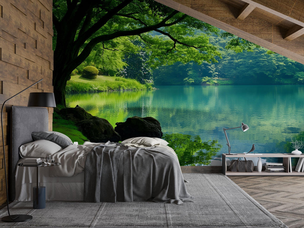 3D Forest Lake Wallpaper Mural For Bedroom Or Living Room | Tranquil Nature Wall Art With Tree Reflection | Stylish Landscape Decor Gift