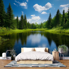 Load image into Gallery viewer, 3D Forest Lake Wallpaper Mural For Bedroom Or Living Room | Scenic Nature Wall Art With Blue Sky Reflection | Stylish Landscape Decor