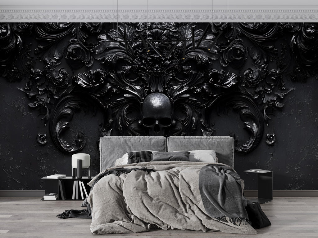 Gothic Baroque Skull Wall Art | Dark Maximalist Interior Decor | 3D Black Skull Floral Wallpaper Mural Vn189