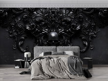 Load image into Gallery viewer, Gothic Baroque Skull Wall Art | Dark Maximalist Interior Decor | 3D Black Skull Floral Wallpaper Mural Vn189