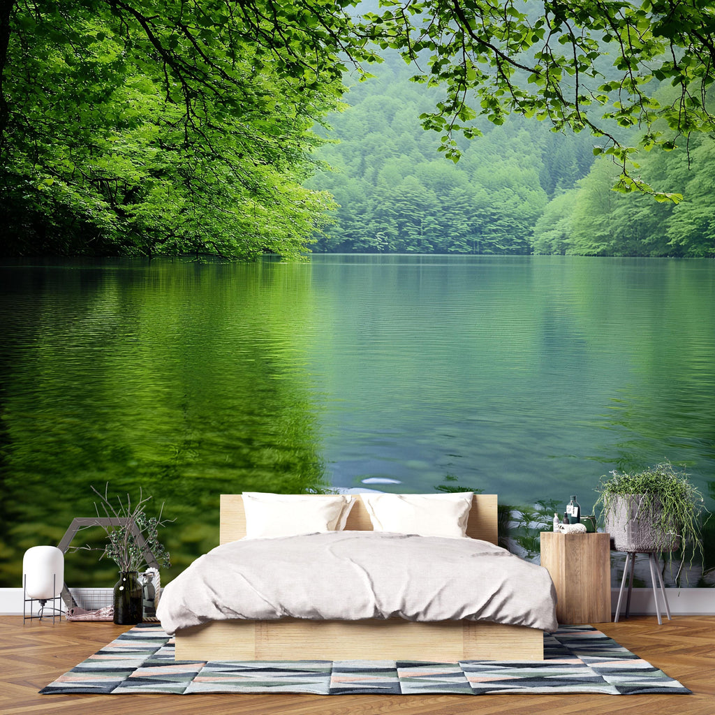 Green Forest Lake 3D Wallpaper Mural For Bedroom Or Living Room | Nature Wall Art With Calm Water View | Stylish Landscape Decor Gift
