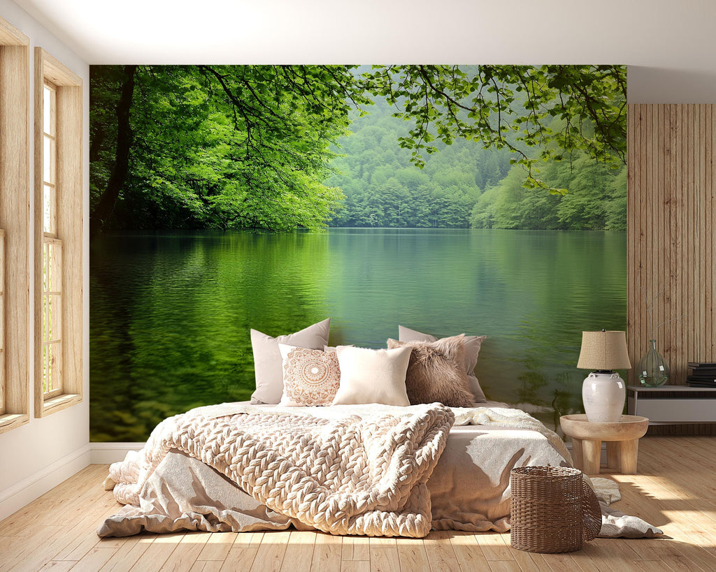 Green Forest Lake 3D Wallpaper Mural For Bedroom Or Living Room | Nature Wall Art With Calm Water View | Stylish Landscape Decor Gift