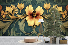 Load image into Gallery viewer, Bold Yellow Floral Wall Mural | Large Botanical Art Nouveau Wall Decor | Vintage Style Flower Wallpaper | Peel &amp; Stick or Paste Vn193