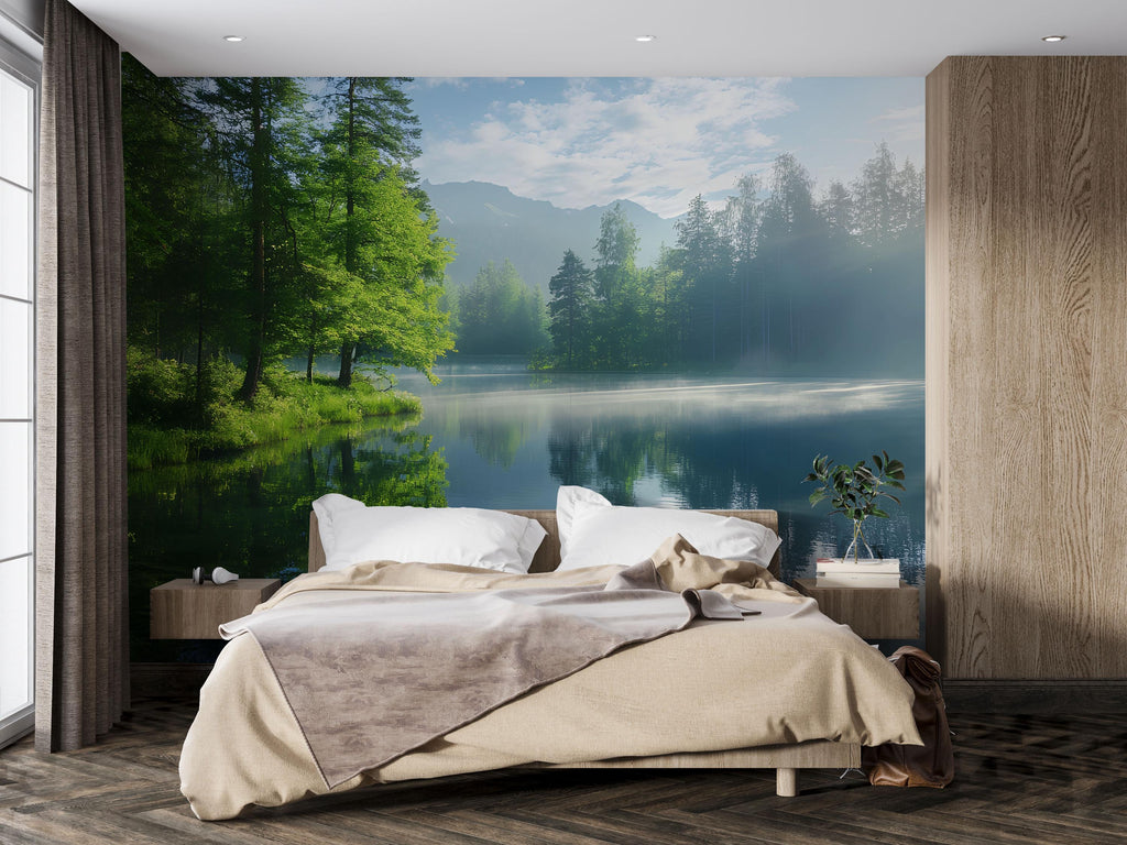 3D Misty Forest Lake Wallpaper Mural For Bedroom Or Living Room | Serene Morning Nature Scene Wall Art | Stylish Landscape Decor Gift