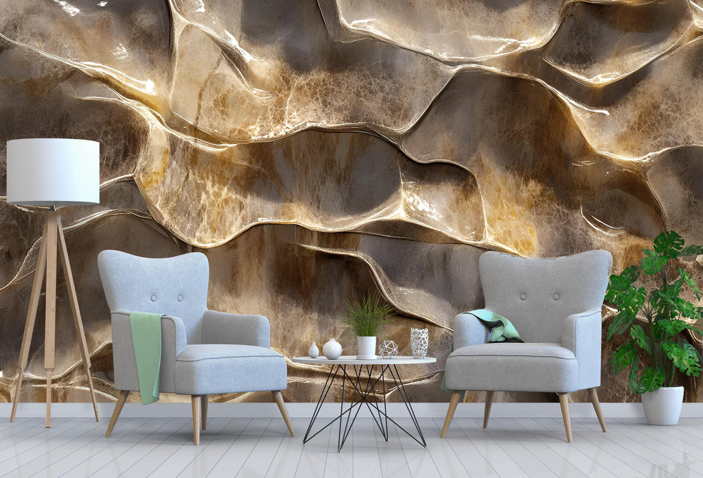 3D Textured Golden Brown Abstract Wall Mural - Modern Luxury Wall Art - Stylish Home Decor Gift for Birthdays, Holidays