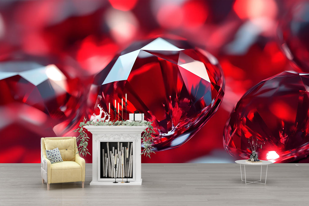 3D Red Gemstone Wall Mural - Luxury Modern Wall Art - Stylish Statement Decor for Birthdays, Holidays, or Fashion Home
