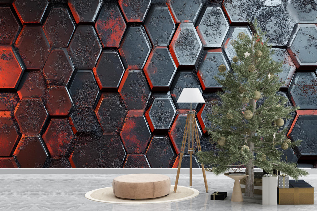 3D Hexagon Industrial Wall Mural - Modern Bold Wall Art - Stylish Gift for Birthdays or Holidays - Red & Black Decor