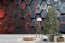 Load image into Gallery viewer, 3D Hexagon Industrial Wall Mural - Modern Bold Wall Art - Stylish Gift for Birthdays or Holidays - Red &amp; Black Decor