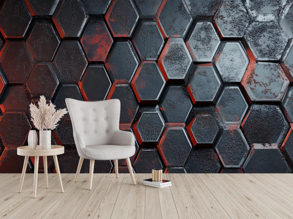 3D Hexagon Industrial Wall Mural - Modern Bold Wall Art - Stylish Gift for Birthdays or Holidays - Red & Black Decor