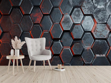Load image into Gallery viewer, 3D Hexagon Industrial Wall Mural - Modern Bold Wall Art - Stylish Gift for Birthdays or Holidays - Red &amp; Black Decor