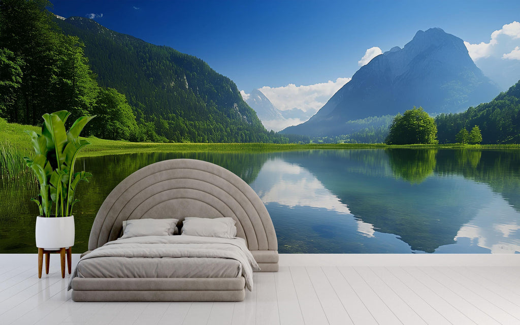 3D Mountain Lake Reflection Wallpaper Mural For Bedroom Or Living Room | Scenic Nature Wall Art With Blue Sky | Stylish Landscape Gift
