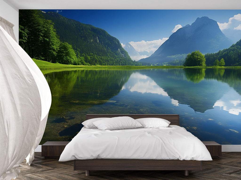 3D Mountain Lake Reflection Wallpaper Mural For Bedroom Or Living Room | Scenic Nature Wall Art With Blue Sky | Stylish Landscape Gift