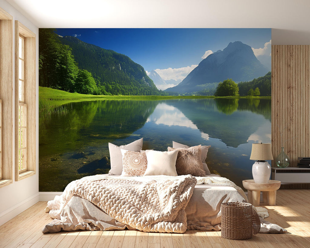 3D Mountain Lake Reflection Wallpaper Mural For Bedroom Or Living Room | Scenic Nature Wall Art With Blue Sky | Stylish Landscape Gift