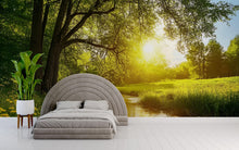 Load image into Gallery viewer, 3D Sunlit River Wallpaper Mural For Bedroom Or Living Room | Golden Hour Nature Wall Art With Flowers | Stylish Landscape Decor Gift